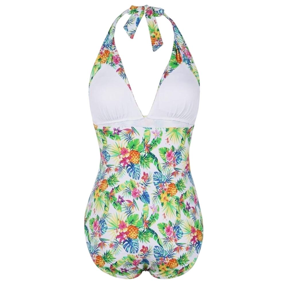 Firpearl White Tropical Pineapple Palm Halter Pin Up One Piece Swimsuit Size 12 - Picture 3 of 9